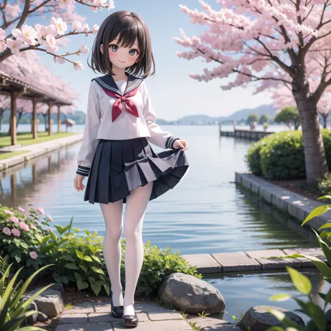 (masterpiece),  outdoor,  cherry blossoms,  petal,  sunlight,  lake,  one girl,  blush,  smile,  medium hair,  sailor suit,long ...