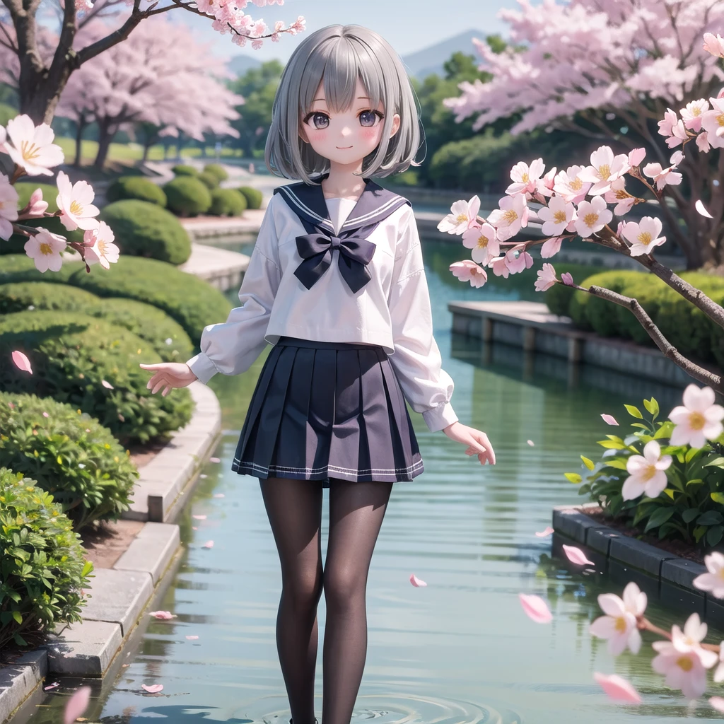 (masterpiece),  Outdoor,  cherry blossoms,  petal,  sunlight,  lake,  One Girl,  blush,  smile,  Medium Hair,  Sailor suit,Long skirt, Overgrown, petal, plant、Skirt lining、White slip、nostalgic、pantyhose（gray）、You can see the sea in the distance, Crotch close-up