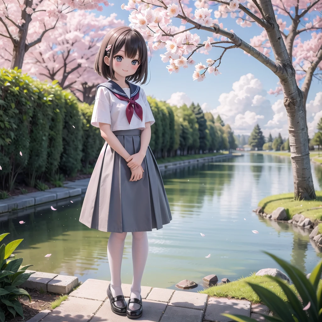 (masterpiece),  Outdoor,  cherry blossoms,  petal,  sunlight,  lake,  One Girl,  blush,  smile,  Medium Hair,  Sailor suit,Long skirt, Overgrown, petal, plant、Skirt lining、White slip、nostalgic、pantyhose（gray）、You can see the sea in the distance, Crotch close-up