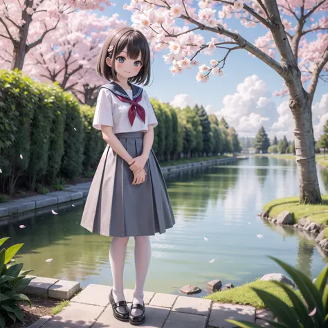 (masterpiece),  outdoor,  cherry blossoms,  petal,  sunlight,  lake,  one girl,  blush,  smile,  medium hair,  sailor suit,long ...