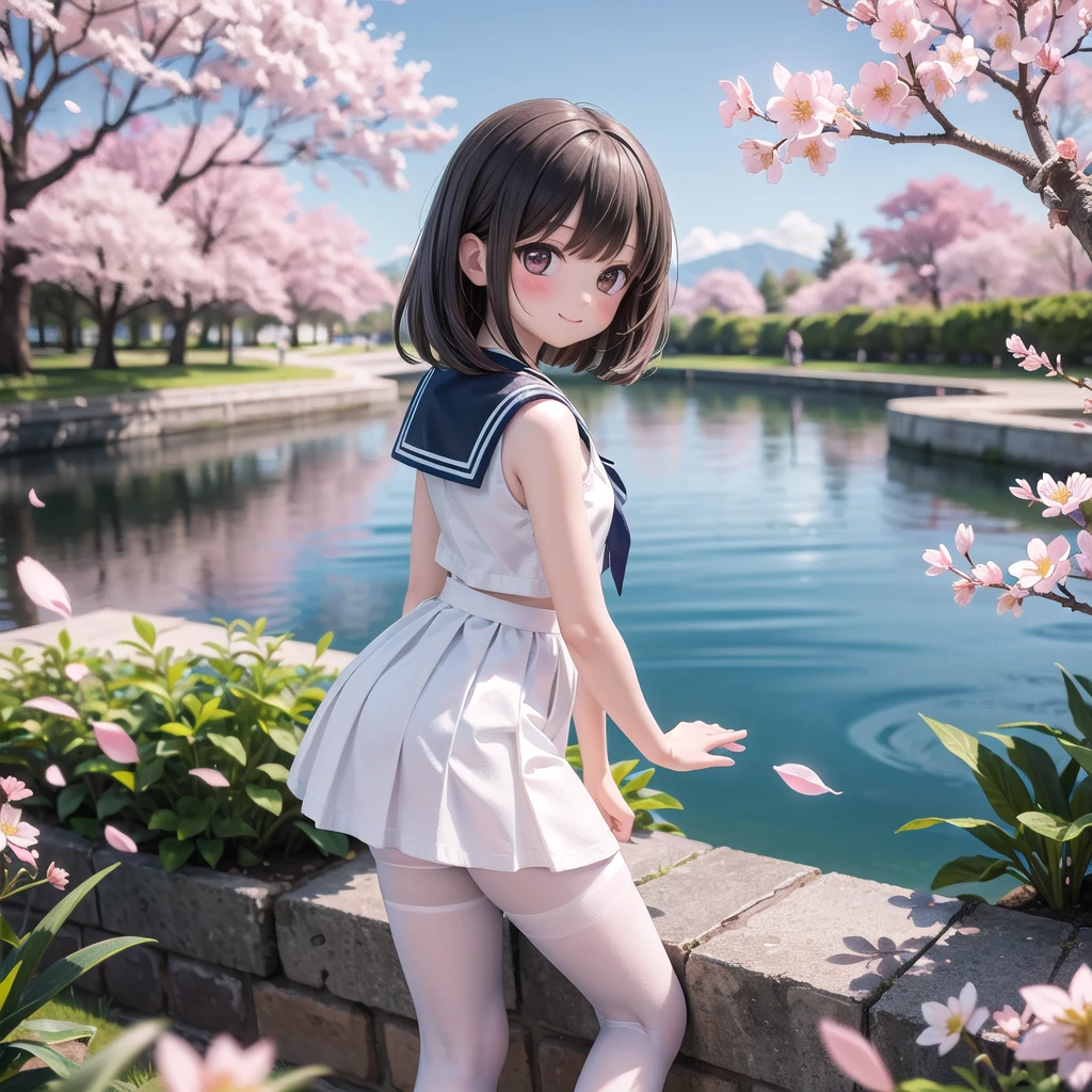 (masterpiece),  Outdoor,  cherry blossoms,  petal,  sunlight,  lake,  One Girl,  blush,  smile,  Medium Hair,  Sailor suit,Long skirt, Overgrown, petal, plant、Skirt lining、White slip、nostalgic、pantyhose（gray）、You can see the sea in the distance, Crotch close-up