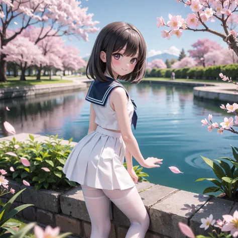 (masterpiece),  outdoor,  cherry blossoms,  petal,  sunlight,  lake,  one girl,  blush,  smile,  medium hair,  sailor suit,long ...