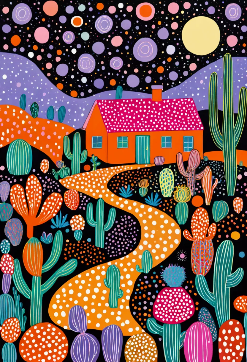 a painting。pastel artwork。purple，orange color，flat illustration，dot、line、neon，cactus，star、house、tree、firefly，dreamy colors，illus...