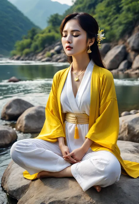 a korean girl sitting in lotus position,white clothes, yellow robe, gold jewelry, closed eyes, mountain,river, blue shade lightn...