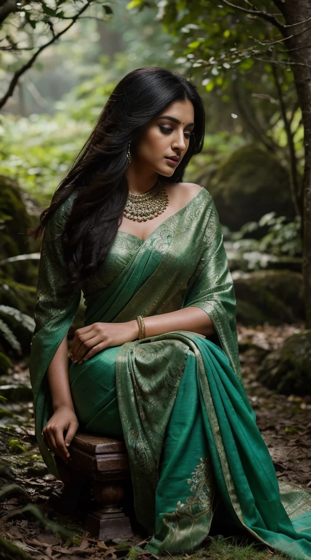 ultra-realistic photographs,Indian Instagram female model,mid 20s,9:16,mid-shot,beautiful detailed eyes,detailed lips,longeyelashes,black stylish hair, naturally full eyebrows,perfectly formed nose,In a mystical twilight forest, a beautiful woman sits gracefully on a moss-covered stone, wearing a flowing saffron saree and intricate jewelry. Her serene gaze falls upon a delicate fawn resting in her lap. A majestic peacock stands by her side, its iridescent feathers fanned out. The forest, filled with soft, ethereal lights and the gentle sounds of nature, creates an atmosphere of tranquility and enchantment.