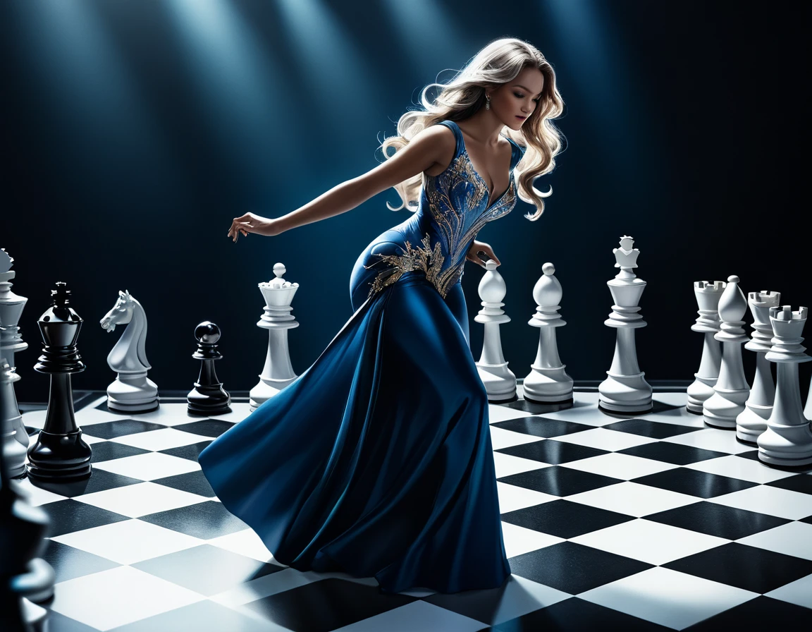 a picture of a woman winning  a chess game in a chess tournament , a beautiful woman ((full body shot: 1.5)), ((anatomically correct: 1.5)) (ultra detailed face: 1.4), dynamic skin complexion, dynamic hair style, dynamic hair color, winning a chess game at chess tournament, she is dressed in elegant dress, intricate dress, dynamic color dress, dynamic style dress, wearing high heels, a look of satisfaction, a look of victory, a look of overcoming great obstacle, chess tournament background,  vibrant, Ultra-high resolution, High Contrast, (masterpiece:1.5), highest quality, Best aesthetics), best details, best quality, highres, 16k, [ultra detailed], masterpiece, best quality, (extremely detailed), Cinematic Hollywood Film style