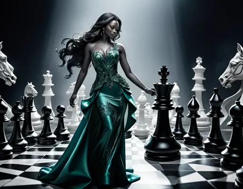 a picture of a woman winning  a chess game in a chess tournament , a beautiful woman ((full body shot: 1.5)), ((anatomically cor...