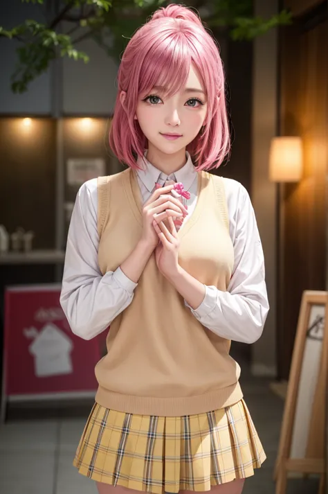 ph momo, momohd, phmomo, solo, 1girl,  pink hair, purple eyes, short hair, hair flower, sweater vest, ,(yellow sweater:1.2), big...