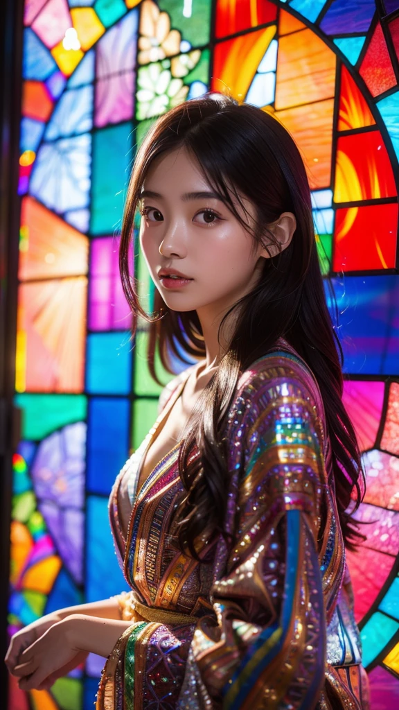 Highest quality, 8k resolution, masterpiece, Professional photography, 20 year old Japanese woman, The background is an intricate and colorful stained glass window, Enchanting atmosphere, Rainbow Glass