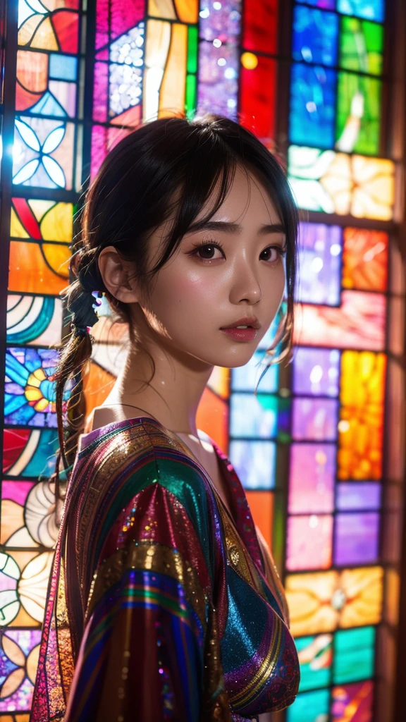 Highest quality, 8k resolution, masterpiece, Professional photography, 20 year old Japanese woman, The background is an intricate and colorful stained glass window, Enchanting atmosphere, Rainbow Glass