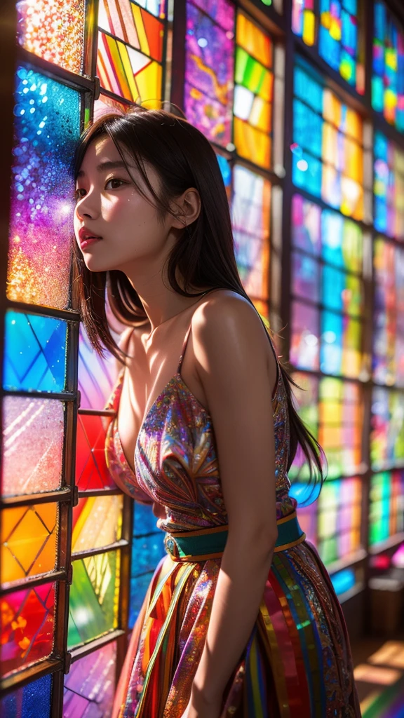 Highest quality, 8k resolution, masterpiece, Professional photography, 20 year old Japanese woman, The background is an intricate and colorful stained glass window, Enchanting atmosphere, Rainbow Glass