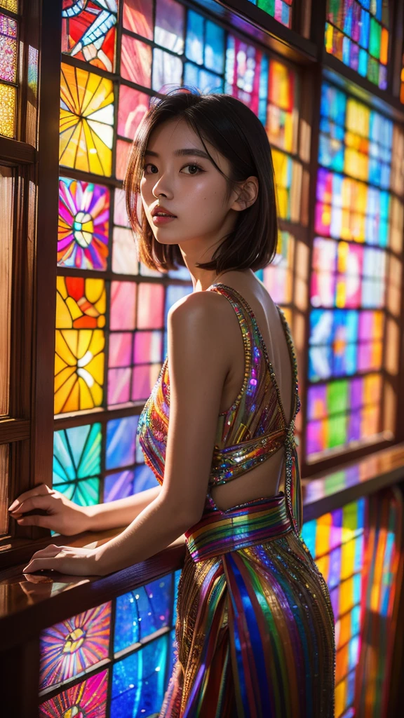 Highest quality, 8k resolution, masterpiece, Professional photography, 20 year old Japanese woman, The background is an intricate and colorful stained glass window, Enchanting atmosphere, Rainbow Glass