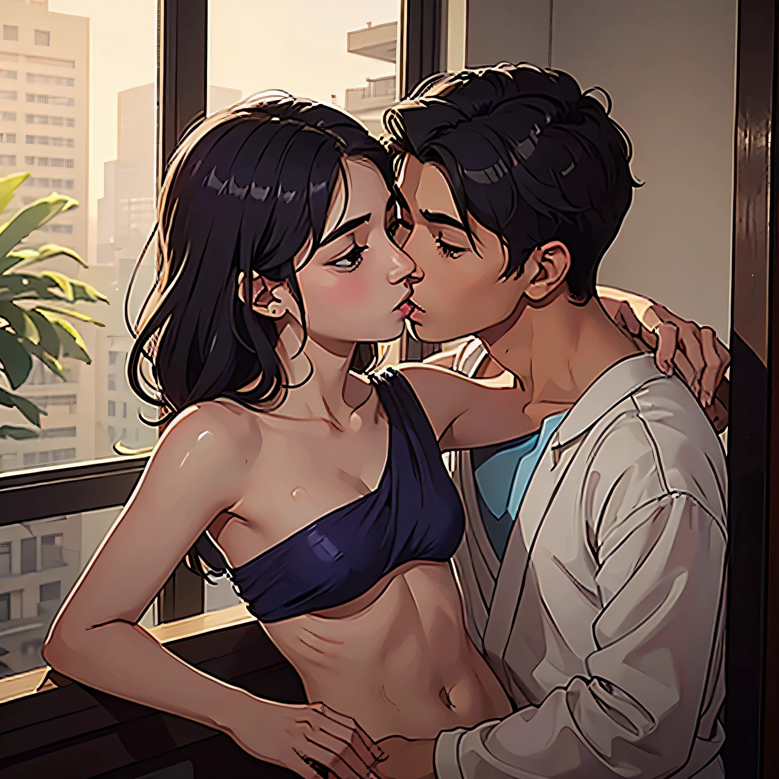 Young boy shirtless kissing and making out passionately with a woman wearing a saree leaning on windowsill, natural light, intense and intimate, lustful