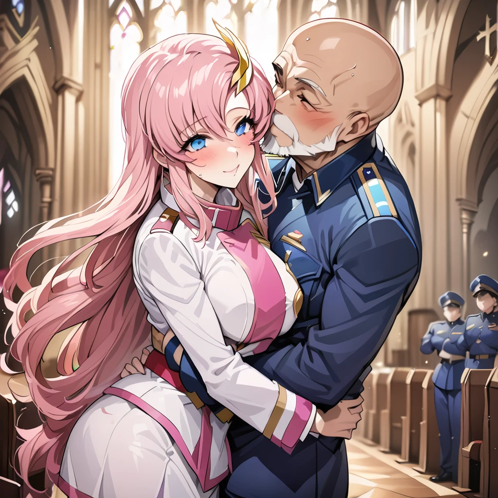 ((Highest quality)), ((masterpiece)), (detailed), （Perfect Face）、Gundam SEED、The woman is Lacus Clyne, with blue eyes, pink medium-long hair and a hair accessory.、The woman is a senior female officer of the Allied forces and is wearing a white Allied military uniform.、In a gorgeous church, the woman and her superior officer are hugging and kissing each other to celebrate their wedding.、The man was a senior Allied officer, a plump, bald, dignified old man with a beard and wearing a heavily decorated white military uniform.、A man is hugging and kissing a woman at their wedding ceremony