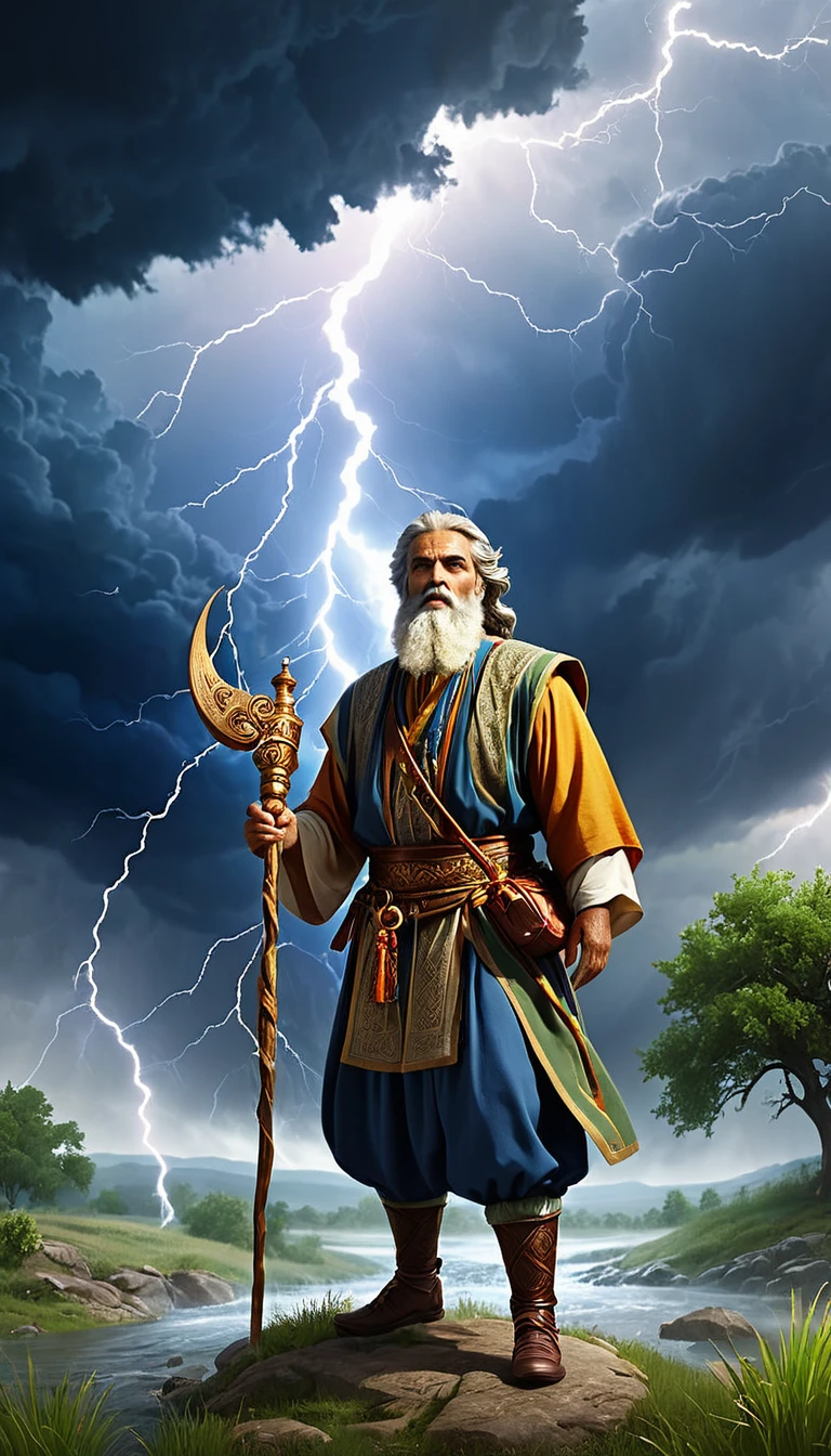 image, inspired by the cult of the prophet Elijah in the Christian tradition. Present the Prophet Elijah as a Symbol of Courage and Devotion, surrounded by thunderclouds and streams of water, symbolizing his patronage of summer thunderstorms and streams. Incorporate traditional elements, associated with the prophet Elijah, such as lightning, flame, oak branch or peasant utensils. Convey the atmosphere of greatness and spiritual power of this saint, focusing on his patronage and special day, August 2. Высокодетализированные обои CG Unity 8k, Orientate, super thoughtful, realistic,