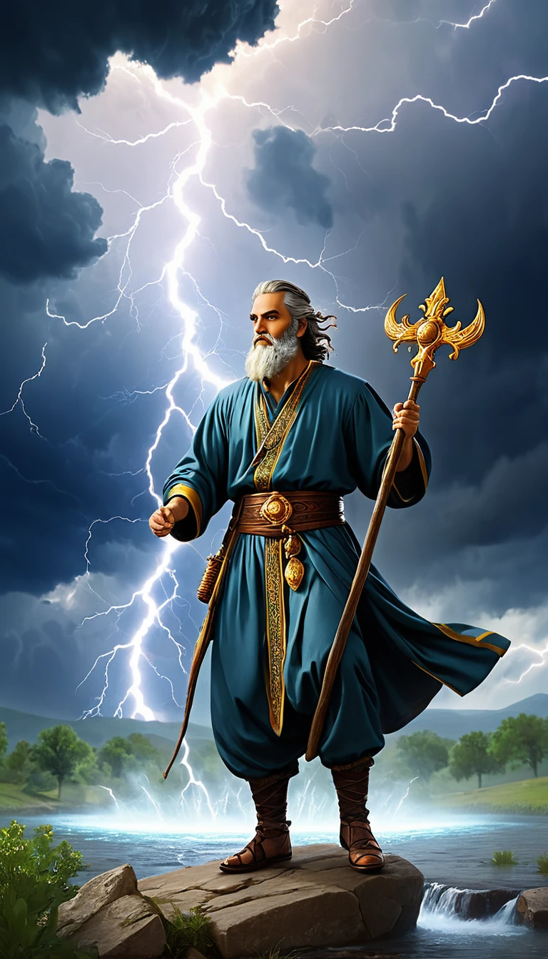 image, inspired by the cult of the prophet Elijah in the Christian tradition. Present the Prophet Elijah as a Symbol of Courage and Devotion, surrounded by thunderclouds and streams of water, symbolizing his patronage of summer thunderstorms and streams. Incorporate traditional elements, associated with the prophet Elijah, such as lightning, flame, oak branch or peasant utensils. Convey the atmosphere of greatness and spiritual power of this saint, focusing on his patronage and special day, August 2. Высокодетализированные обои CG Unity 8k, Orientate, super thoughtful, realistic,