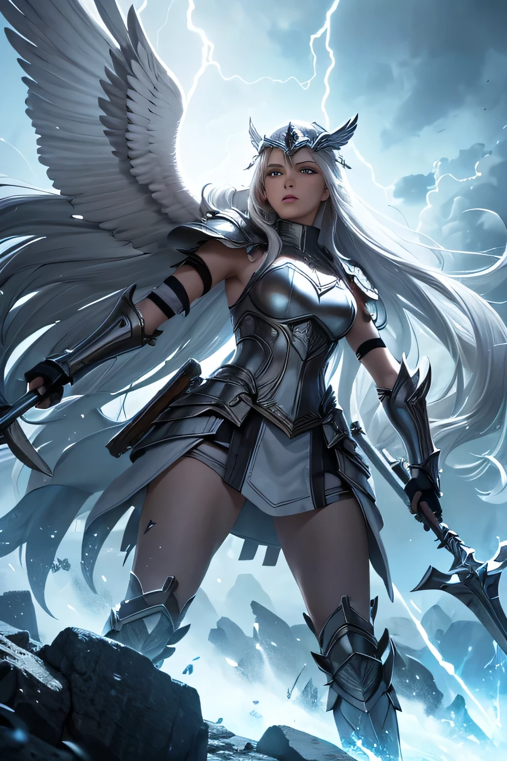 A long white-haired Valkyrie clad in gleaming armor stands courageously on a divine battlefield. The background is illuminated by flashes of lightning, highlighting the intensity of the fierce combat surrounding her. She wields a powerful spear, her gaze fierce and determined as she leads the charge against formidable foes. The sky is a bright blue, contrasting with the dark storm clouds, creating a dramatic daytime scene.
