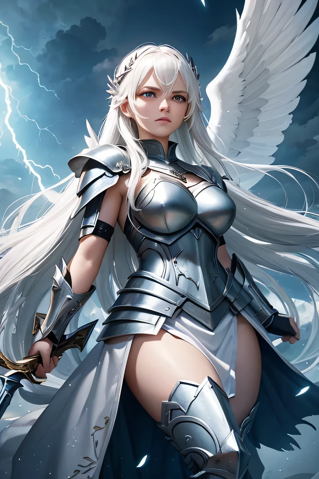 A long white-haired Valkyrie clad in gleaming armor stands courageously on a divine battlefield. The background is illuminated by flashes of lightning, highlighting the intensity of the fierce combat surrounding her. She wields a powerful spear, her gaze fierce and determined as she leads the charge against formidable foes. The sky is a bright blue, contrasting with the dark storm clouds, creating a dramatic daytime scene.
