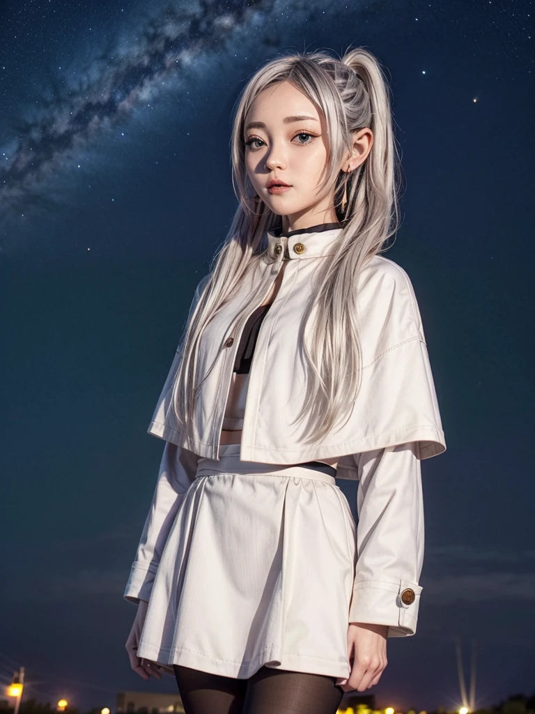 One girl,alone,Fairy,Gray Hair, Grey Hair, Earrings, Pointed Ears, Long Hair, ponytail, Green Eyes, Twin tails, Parted bangs, Thick eyebrows,
Capelet with collar, White capelet, Striped shirt, Long sleeve,Striped, White Skirt,
pantyhose,
Night Sky, performer, Milky Way, milky way,
 