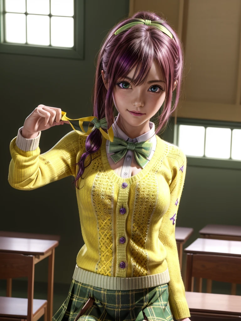 Momodebilke, Deviluke Type, demon tail, Hair Flower, hair ornaments, (Purple eyes:1.1), Pink Hair, short hair, tail, smile,
break demon tail, green skirt, Plaid, Plaid skirt, Sainan High , , skirt, Sweater vest, Knee socks, (Yellow Sweater:1.5), Short sleeve, bow, (green bow:1.5),
break indoors, classroom,
break looking at viewer, (Cowboy Shot:1.5),
break (masterpiece:1.2), Highest quality, High resolution, unity 8k wallpaper, (figure:0.8), (beautiful detailed eyes:1.6), extremely detailed face, Perfect lighting, extremely detailed CG, (Perfect hands, Perfect Anatomy),