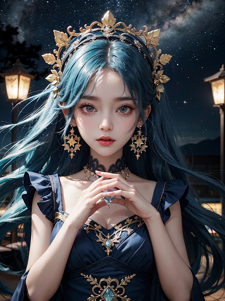 Ultra HD、A beautiful blue-haired character、Upper Body、幼児のようなBig eyes、Big eyes、Round eyes、Fortune teller with crystal、Holding the crystal in both hands、Red burning cheeks、Night scene with starry sky background、Wearing a gorgeous dress、Subtle details、A fantastic atmosphere、Anime style