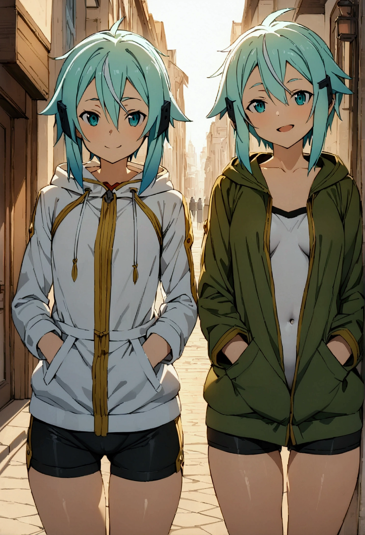 NSFW,masterpiece,Highest quality,High resolution,Very detailed,Sinon\(Sword Art Online\),Hooded parka,Open front clothing,Shorts,Happy face,bustling street