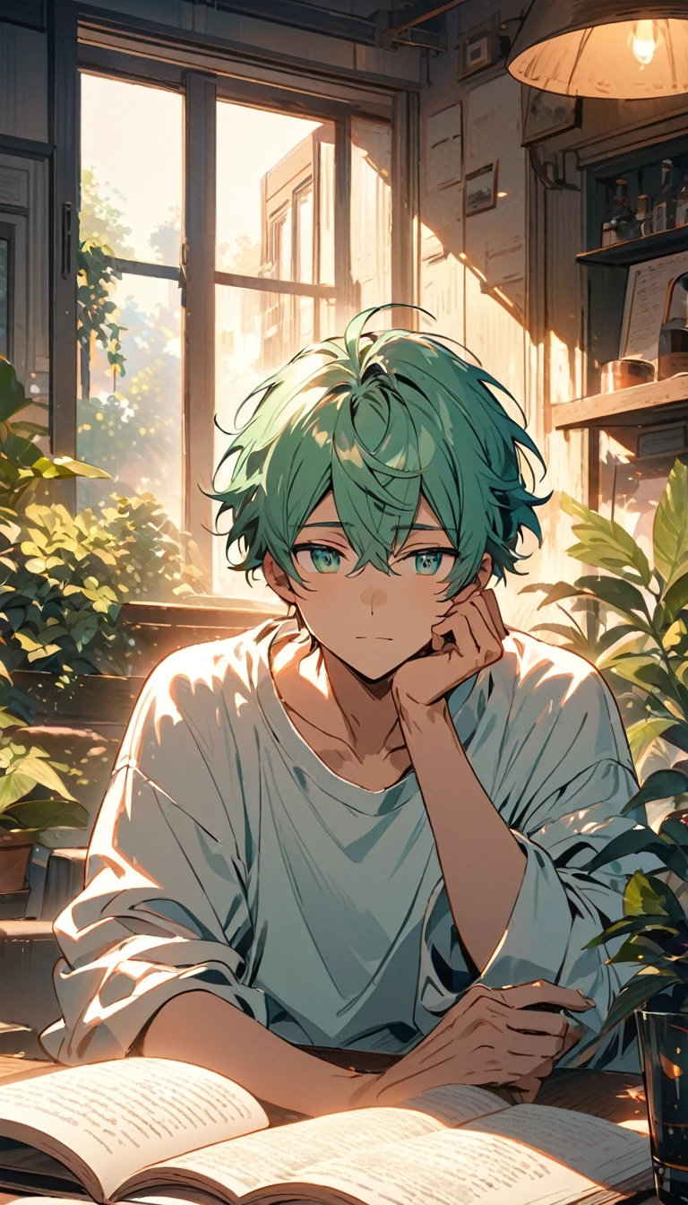 beautiful young male, short hair,A highly detailed anime-style illustration of a young person sitting in a cozy café. They have mint green hair, styled in soft, wavy locks that frame their face. Their eyes are large and a vibrant shade of red, with a dreamy, slightly absent-minded expression. They are wearing a loose, oversized white sweatshirt. Their right hand is resting against their cheek, while their left hand is gently placed on an open book on the table. In front of them is a tall glass of a blue drink with a straw and a cherry on top. The background features a window with bright sunlight streaming in, casting a warm glow, and some green plants in the background, adding to the serene and relaxed atmosphere. The overall mood is peaceful and introspective, capturing a quiet moment of contemplation.