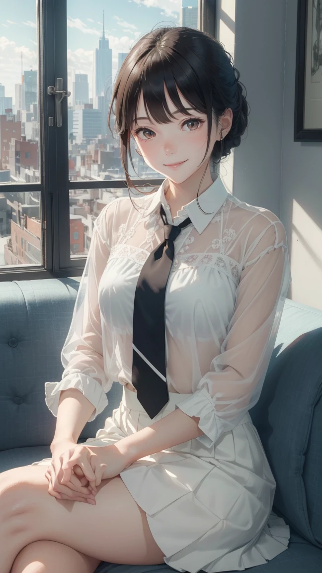 (extremely detailed CG unity 8k wallpaper), (masterpiece), (best quality), (ultra-detailed), (best illustration), (best shadow), (absurdres), 1girl, solo, koko hekmatyar, pale skin, formal, white skirt, necktie, (closed mouth, smile:1.2), sitting, crossed legs, hands in lap, couch, window, cityscape, looking at viewer, nsfw, 