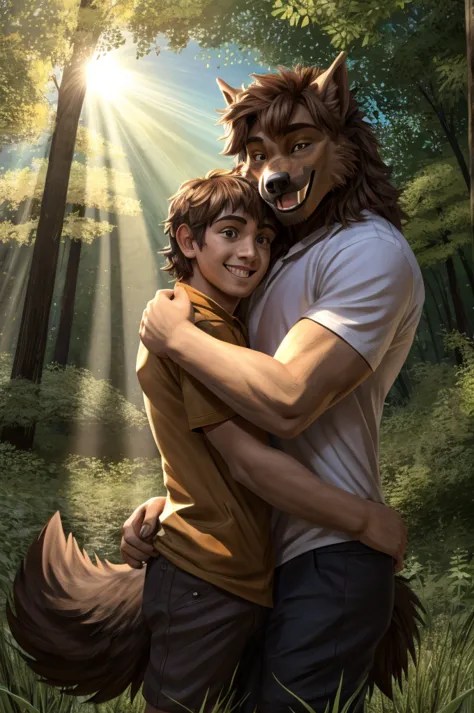 furry black werewolf eyes fluffy tail hugging a young humanl man with brown hair brown eyes in the background a forest with sunn...