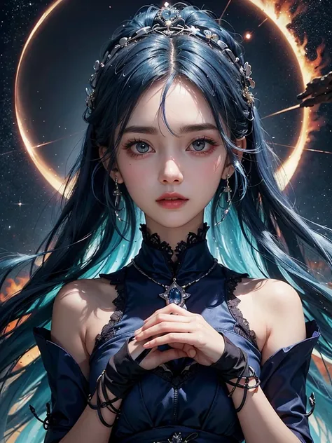 ultra hd、a beautiful blue-haired character、upper body、big eyes、big eyes、round eyes、fortune teller、holding up the blue crystal、re...