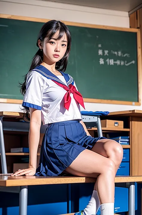 raw photo , 1 girl  ,wearing sailor uniform, (((ankle length skirt))), ((teen school girl lifting skirt in the classroom)) , pro...