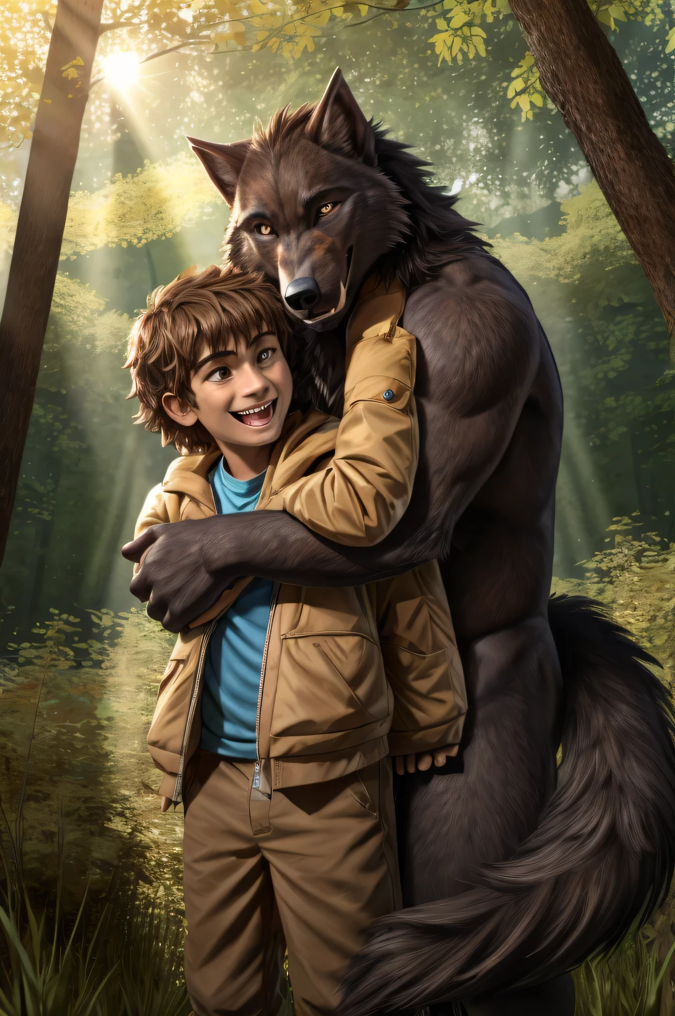 Furry black werewolf eyes fluffy tail hugging a young humanl man with brown hair brown eyes in the background a forest with sunny blue sky smiling happily 