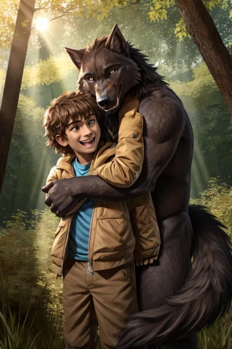 furry black werewolf eyes fluffy tail hugging a young humanl man with brown hair brown eyes in the background a forest with sunn...