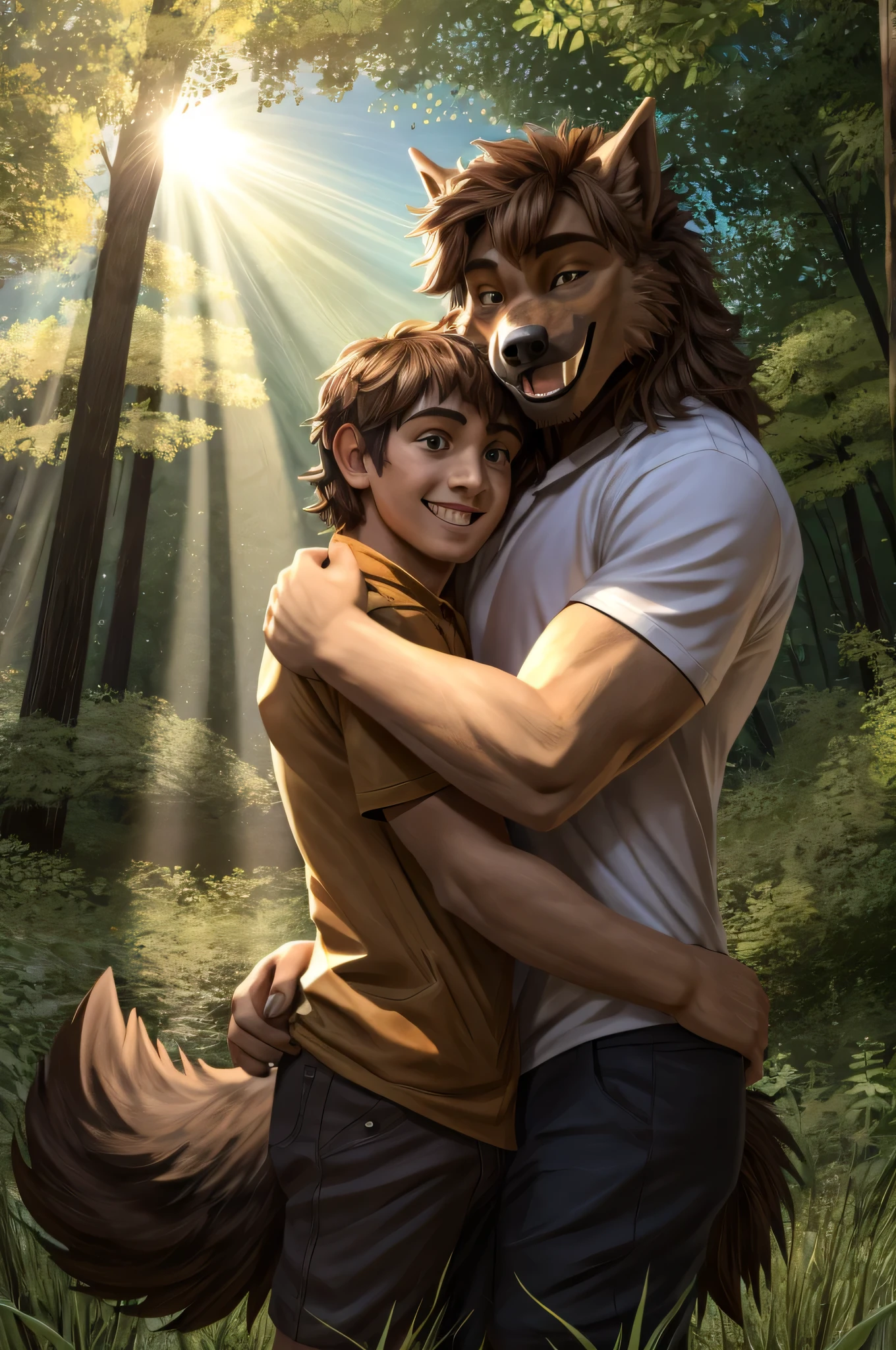 Furry black werewolf eyes fluffy tail hugging a young humanl man with brown hair brown eyes in the background a forest with sunny blue sky smiling happily 