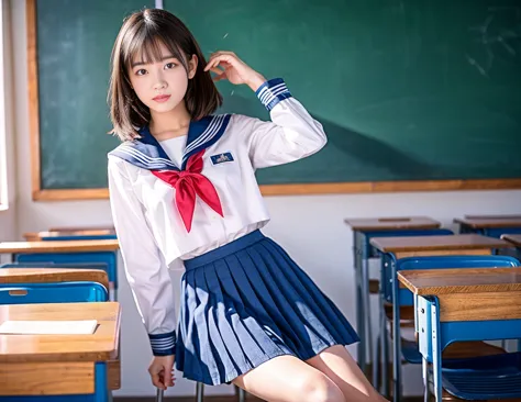 raw photo , 1 girl  ,wearing sailor uniform ,(((ankle length skirt))), ((teen school girl studying on on in the classroom)) , pr...