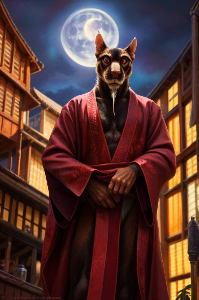 low angle view,
standing, evening, Moonlight, dress, kimono, red kimono, cola de instalment, Red eyes, goatee, brown body, White skin, black fur, sales, safe,
(master sliver:1.2), looking at the viewer, Front view, Alone,  black briefs , massive lump,
BREAK,
by bruteandbrawn, by personals, by Kenket, (Intricate, High detail, film photography, soft focus, RAW candid cinema,
photorealism, realist, photorealist, analog style, subsurface dispersion,
masterpiece, Best Quality, ultra realist, 8k)