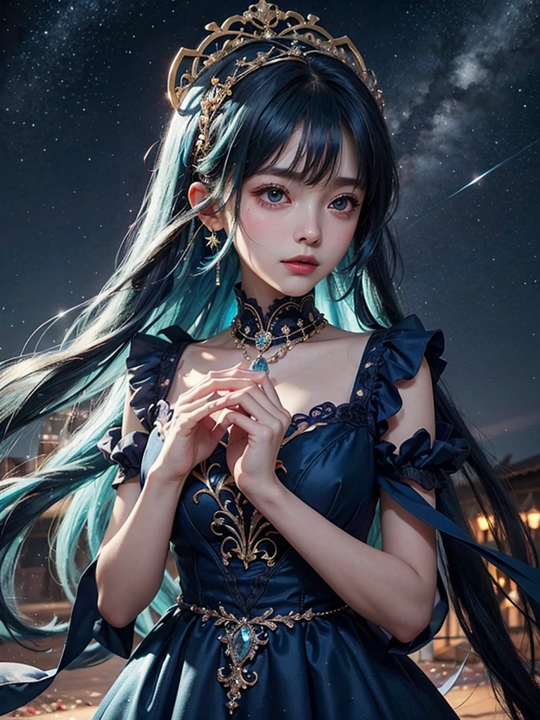 Ultra HD、A beautiful blue-haired character、Upper Body、Big eyes、Big eyes、Round eyes、fortune teller、Holding a blue crystal in both hands、Red burning cheeks、Night scene with starry sky background、Wearing a gorgeous dress、Subtle details、A fantastic atmosphere、Anime style