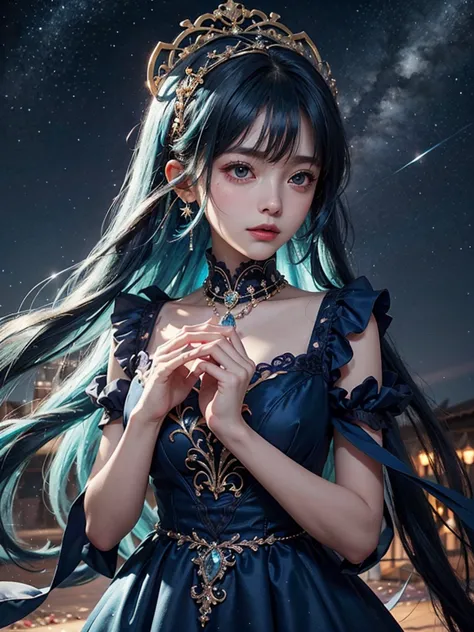 ultra hd、a beautiful blue-haired character、upper body、big eyes、big eyes、round eyes、fortune teller、holding a blue crystal in both...