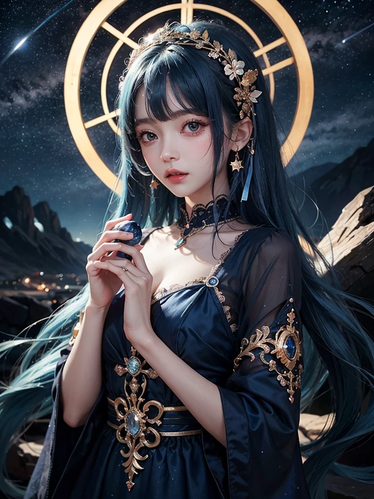 Ultra HD、A beautiful blue-haired character、Upper Body、Big eyes、Big eyes、Round eyes、fortune teller、Holding a blue crystal in both hands、Red burning cheeks、Night scene with starry sky background、Wearing a gorgeous dress、Subtle details、A fantastic atmosphere、Anime style