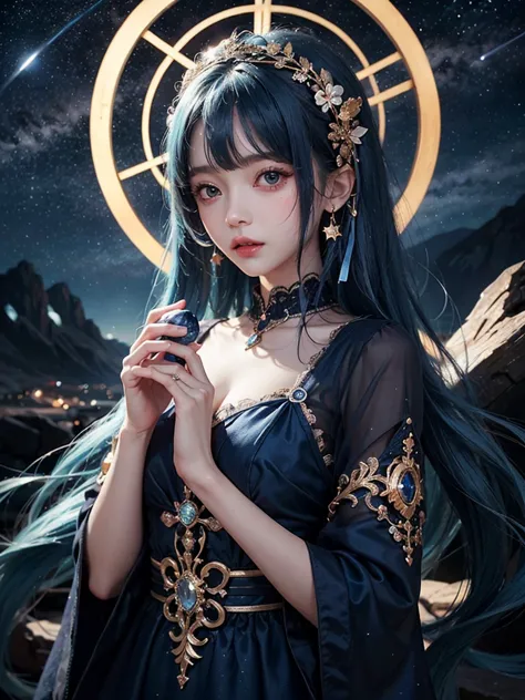 ultra hd、a beautiful blue-haired character、upper body、big eyes、big eyes、round eyes、fortune teller、holding a blue crystal in both...