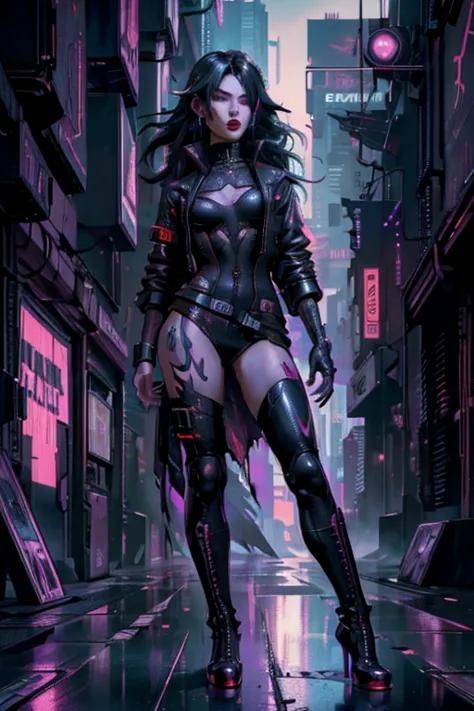 (full body:1.3),((ultra realistic illustration:1.2)),(cyberpunk:1.4),(dark sci-fi:1.3). sexy japanese woman, with long black hai...