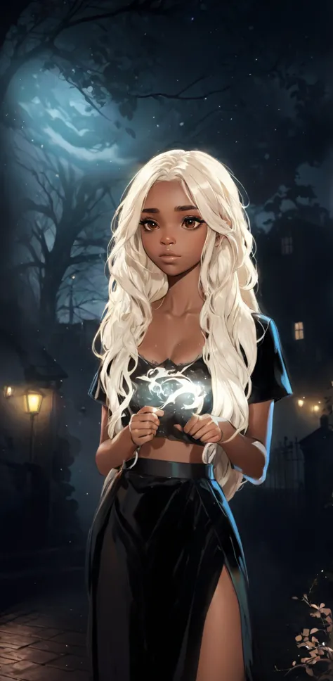 beautiful illustration, ultra-detailed, masterpiece,girl brown skin, light hair, the ghost on the background