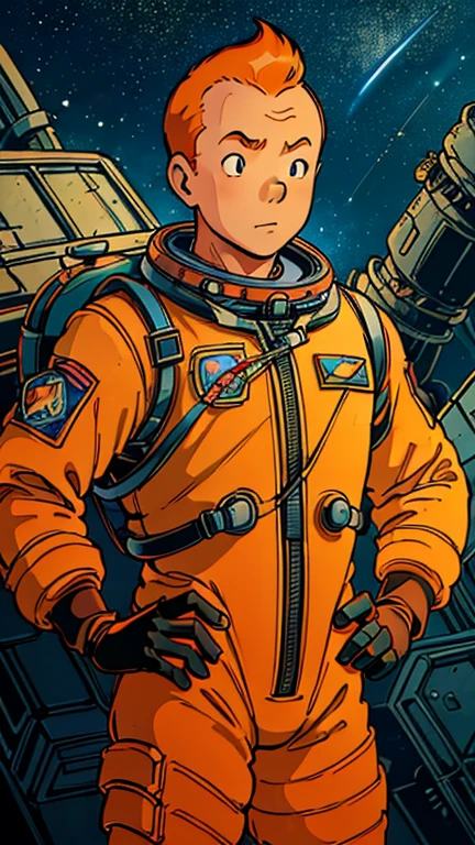 (Teens:1man: Tintin), (extremely detailed CG unit 8k wallpaper),(master part), (best quality), (ultra detali), (best illustration),(takahashi rumiko), cowboy shot, (Sharp eyeliner, ombre, detailed eyes:1),Dark midnight derelict spaceship interiors background, ,break , (astronaut in an orange space suit), upper body, short hair, orange hair