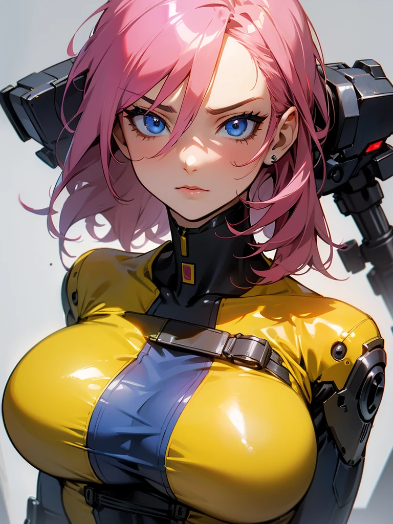 fake big breats, blue eyes detailed 8k , Mulher madura in metal gear rising raiden body details, bust photo, big pink hair, shining blue eyes, wearing a mustard yellow jumpsuit, breasts big, looking 35 years old, eye on the spectator, look to the camera, , The background is a cyberpunk city, Expression of vengeance, facefocus, facing the front, focus on bust, massive tits, digital circuit tatoo on face 
