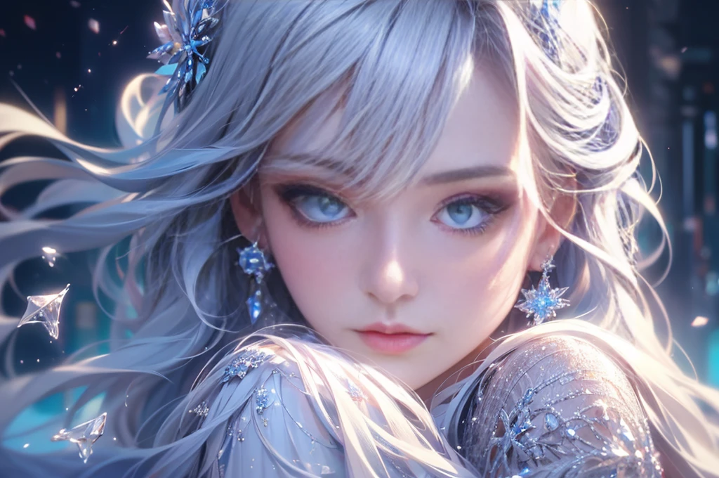 a beautiful young woman, snow crystals, frozen waterfall, ice spikes, reflections in ice crystals, snowflakes, 1 girl, beautiful detailed eyes, beautiful detailed lips, extremely detailed eyes and face, long eyelashes, realistic human, small breasts, (best quality,4k,8k,highres,masterpiece:1.2),ultra-detailed,(realistic,photorealistic,photo-realistic:1.37),HDR,UHD,studio lighting,ultra-fine painting,sharp focus,physically-based rendering,extreme detail description,professional,vivid colors,bokeh,fantasy,conceptart