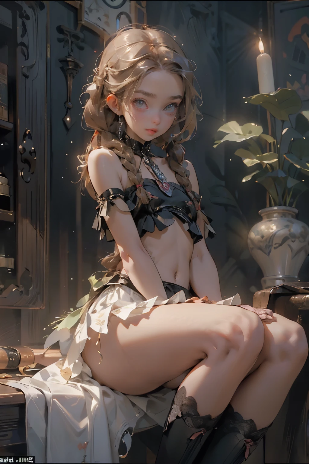  ((best quality)), ((masterpiece)), (detailed), 1girl, off-shoulder, little tribal,(((little ,small))),(round face),(little chest),(big forhead:1.2),(beautiful big eyes:1.3),extremely detailed cute anime face, (((flat chest))),((((long twin braids,tight braids,long braid,braided hair,long hime cut,colored inner hair)))),intricate eyes,beautiful detailed eyes,symmetrical eyes,((((lustrous skin:1.5,bright skin: 1.5,shiny skin,very shiny skin,shiny body,Reflective skin)))),(((detailed face))),beautiful detailed lips,(nsfw)), highres,(best quality),(ultra detailed,extremely detailed),perfect face details, ((masterpiece:1.4, best quality))+, (ultra detailed)+, long twintails, (white thighhighs), cute girl, (flat chest:1.3), small breasts (flat chest:1.3), NSFW，Fine details, NSFW, small breasts, prominent collarbones, skinny arms, flat stomach, visible hip bones, long hair, ponytail, thick ponytail, heavy ponytail, red and white clothing, Bloodborne inspired, occult aesthetic, occult, detailed and intricate steampunk and detailed gothic, NSFW Fluttering lace frilly petticoats, pleated petticoats, very skinny, detailed, best quality, no accesoires around the neck, no shoes, prominent collarbones, skinny arms, flat stomach, visible hip bones, red and white clothing, Bloodborne inspired, occult aesthetic, occult, detailed and intricate steampunk and detailed gothic, NSFW, Very dramatic and cinematic lighting, cosmic horror, grim-dark, side-lighting, perfect face, NSFW, Fluttering lace flared long knee length dress with frilly petticoats, knee length dress, pleated petticoats, petticoats gothic, complex lace boots, side-lighting, gothic lolita aesthetic
small breasts, a fairy, various different types of insect wings, NSFW
