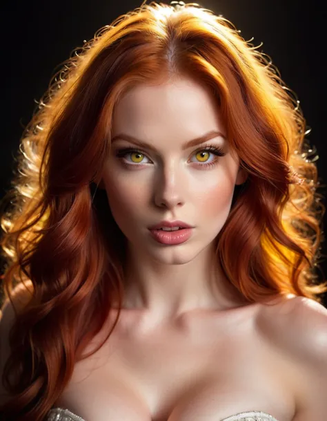 FACE SHOT OF BEAUTIFUL BOMBSHELL RED HAIR WOMAN, LONG RED HAIR, VERY PALE SKIN, YELLOW EYES, EXPRESSIVE YELLOW EYES, LOVELY FACE...