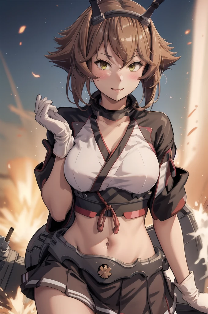 ((masterpiece)),(Highest quality),(Mutsu Kai Ni Kantai Collection:1.15)Highly detailed CG,unity 8k wallpaper,Super detailed,Lighthouse on top of a cliff by the sea,One girl,alone,white_gloves,brown_hair,short_hair,big_chest,black_skirt,green_eye,headgear,プリーツskirt,smile, abdomen,ミニskirt,hairband,belly button,chestの谷間,wireless_antenna,Flipped_hair,blush, Big Breasts