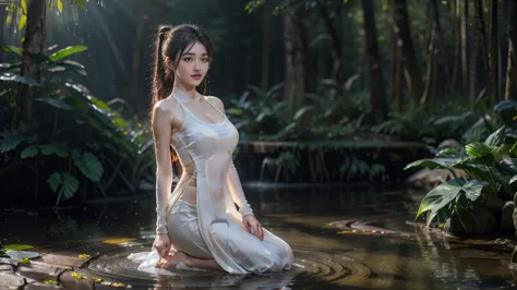 beautiful girl, vietnamese female tiger, showering in a lake pool in the forest, dynamic poses, sabai transparent dress, (wet ha...