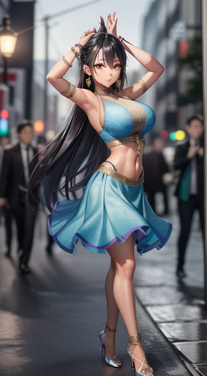 Extremely beautiful,1 girl, jewerly, breastsout, ((dancing1.4)), high-heels, darkskin, bracelet, へそ, aretes, focus only, Ankle Bracelet, dark skinned female, tummy, Blurry background, long hair, necklase, Blurry, neckleace, Bblack hair, overskirt, realisitic, へそ piercing